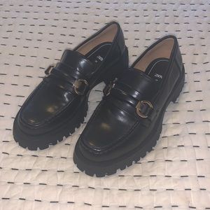 Zara Lug Sole Loafers with Gold Bit Detail Sz 38